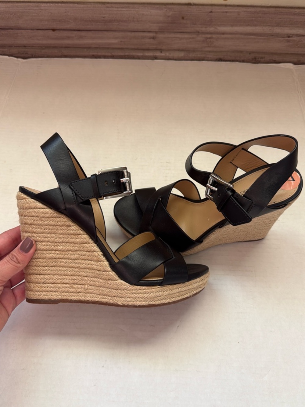 Black Leather Espadrille Wedge Sandals with Buckle